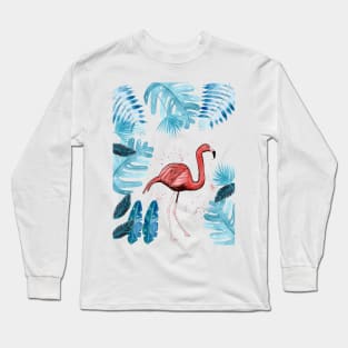 Flamingo with tropical leaves Long Sleeve T-Shirt